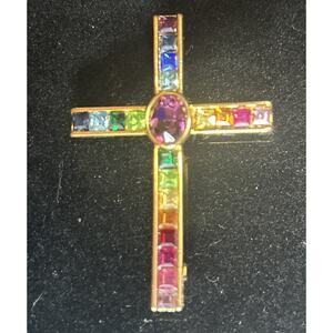 Vintage 1998 PSCO Rainbow Cross Pendant Gold Plated Dust Pouch
